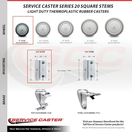 Service Caster 3 Inch Thermoplastic Rubber 3/4 Inch Square Stem Caster Total Lock Brakes, 2PK SCC-SQTTL20S314-TPRB-34-2-S-2